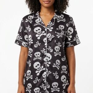 Skull Print Short Sleeve Satin Pajama Top - Black